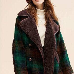 Plaid Wool-Blend Coat with Faux Shearling Trim free people misfits peacoat